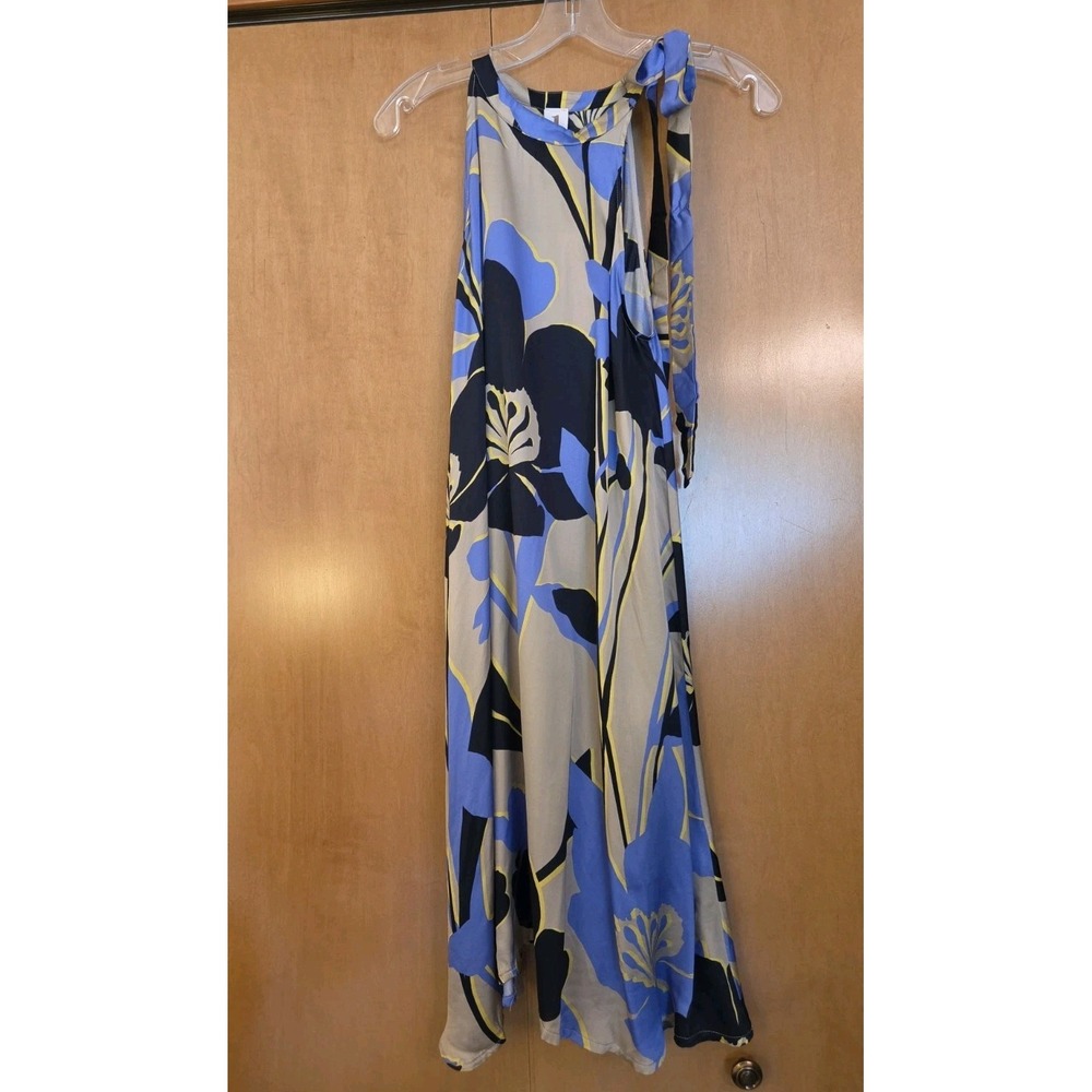 1-One Italian Bow Neck Dress Blue/Beige Viscose Knee Length IT Sz 38/US 2 NEW!